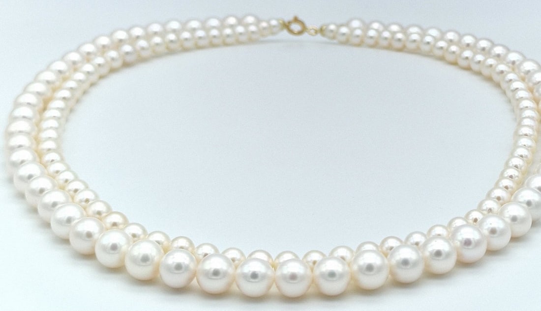 2 Strand akoya pearl necklace with 18 kt yellow gold clasp - 2