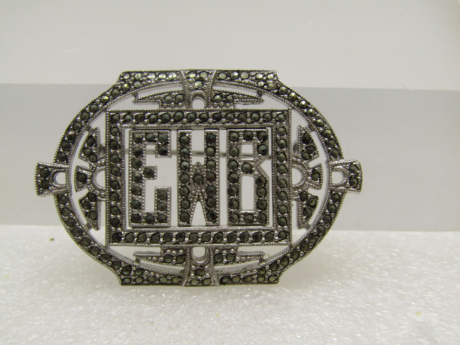 Vintage Sterling EWB Initial Marcasite Brooch, 1930's-1940's - 3