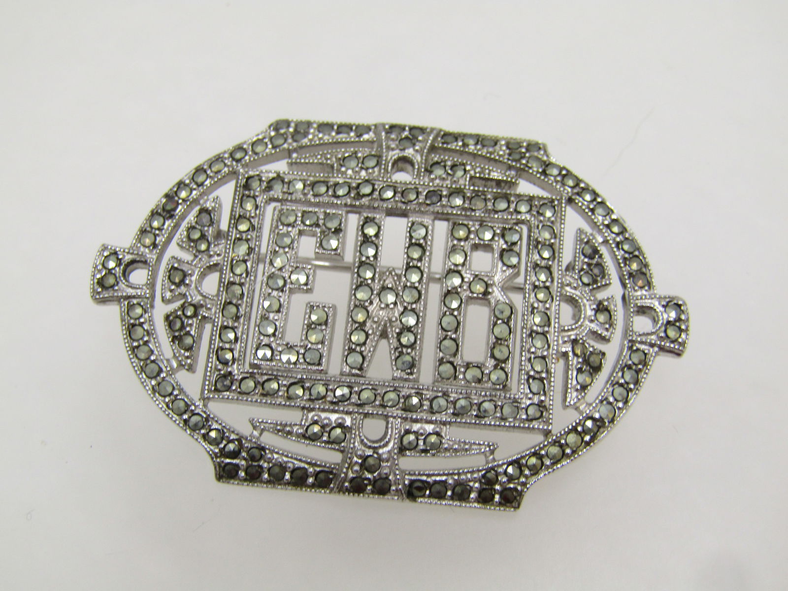 Vintage Sterling EWB Initial Marcasite Brooch, 1930's-1940's - 6