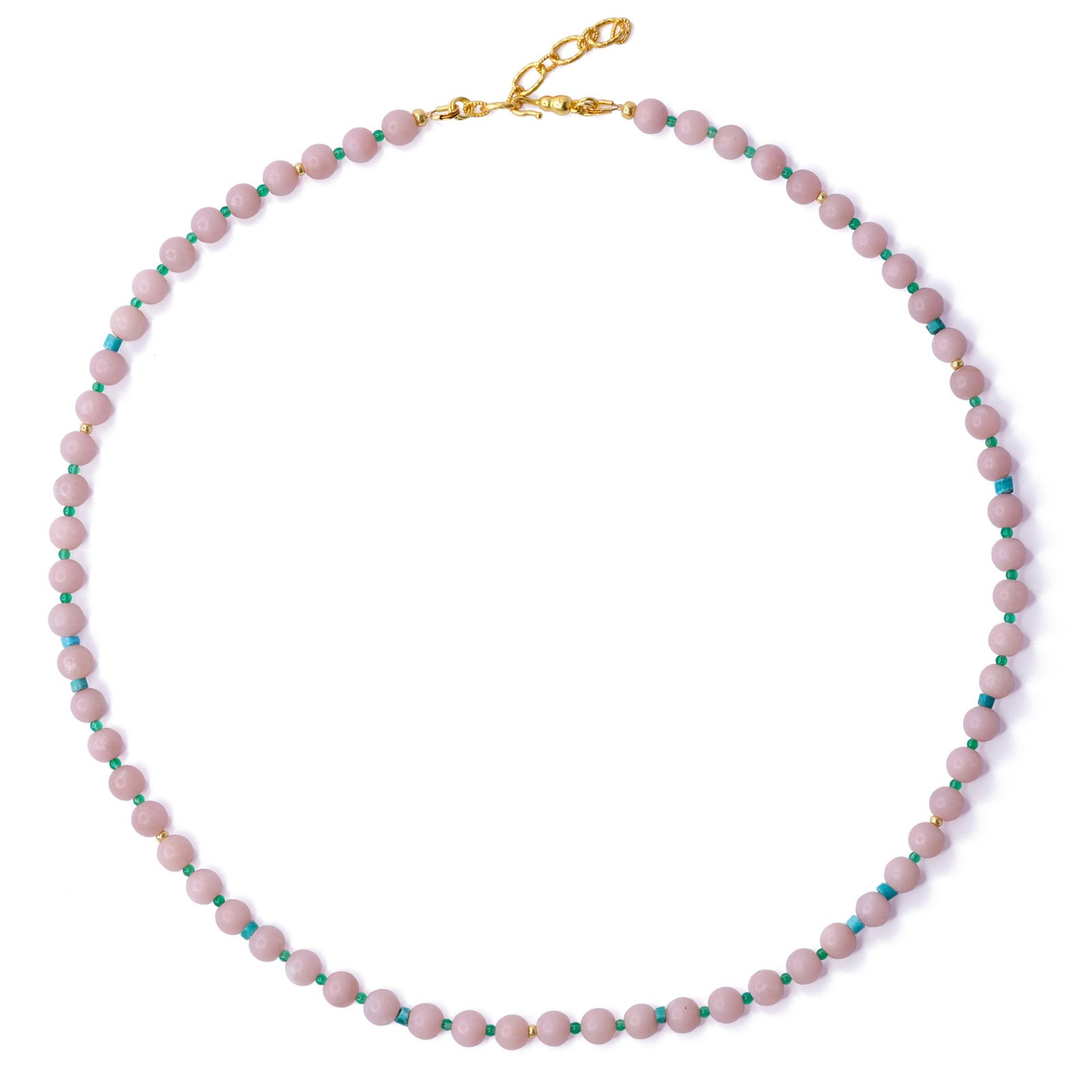 Pink Opal Mika Necklace: Title:Pink Opal Mika Necklace Description:Wearing this Pink Peruvian Opal necklace will make you feel as if you've captured the blush of dawn and woven it around your neck. Each opal whispers stories
