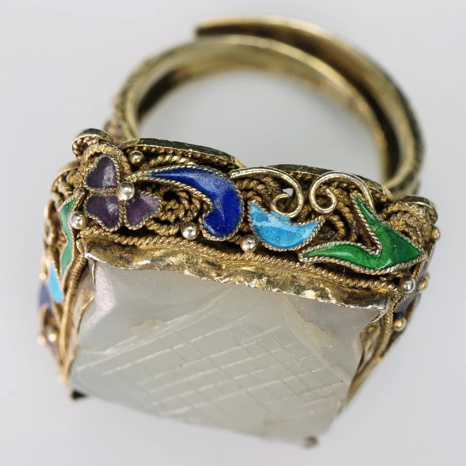 Chinese 1920s Jade, Silver, Enamel Ring - 2