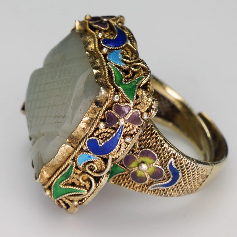Chinese 1920s Jade, Silver, Enamel Ring - 3