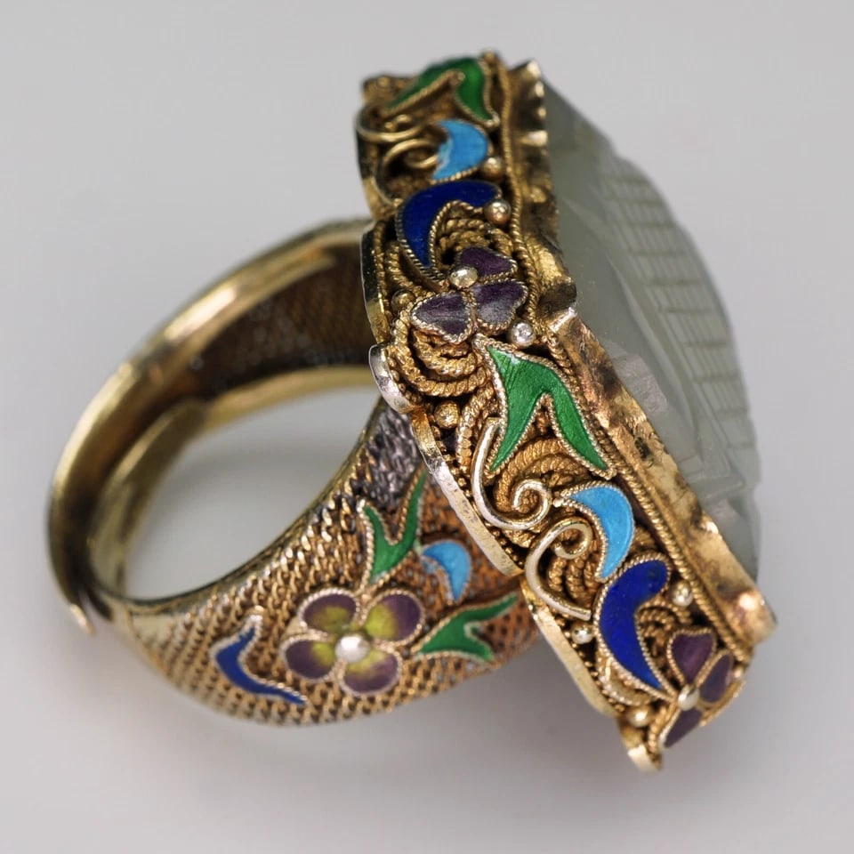 Chinese 1920s Jade, Silver, Enamel Ring - 4
