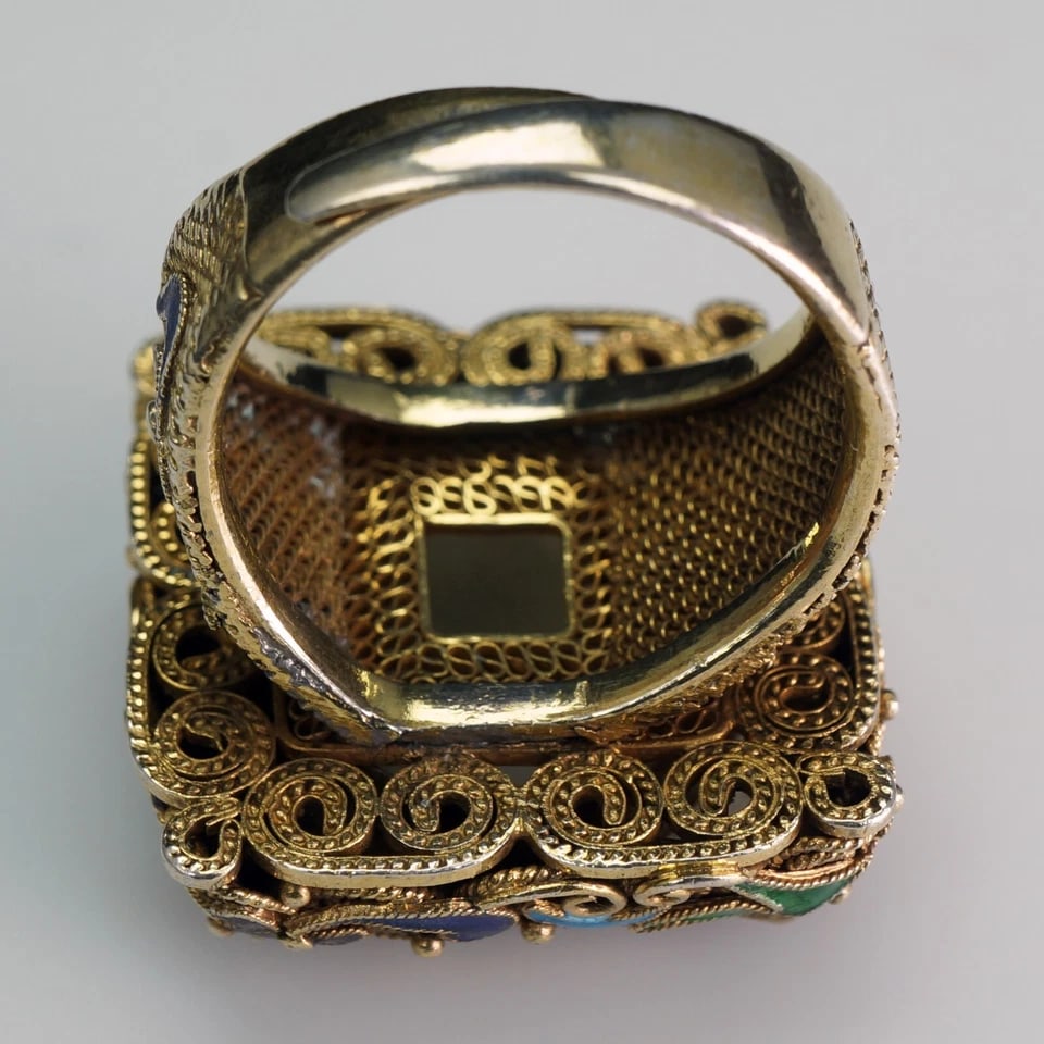 Chinese 1920s Jade, Silver, Enamel Ring - 5