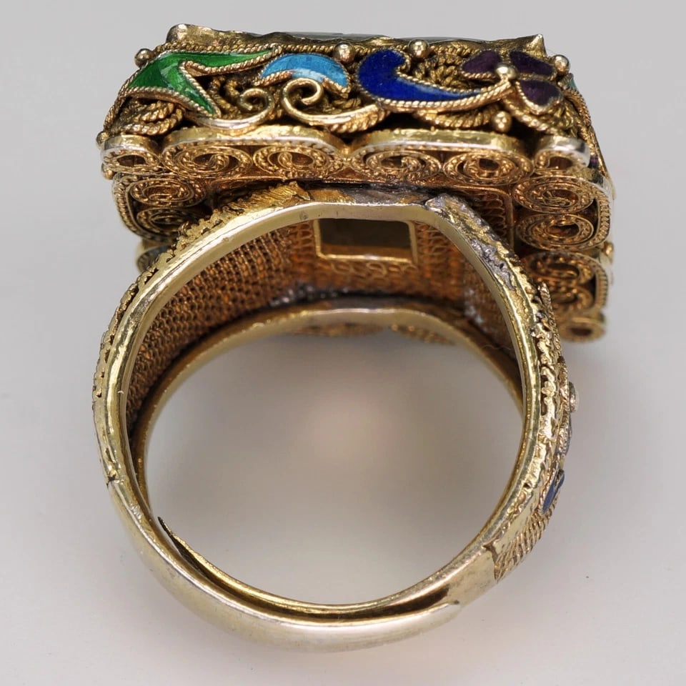 Chinese 1920s Jade, Silver, Enamel Ring - 7