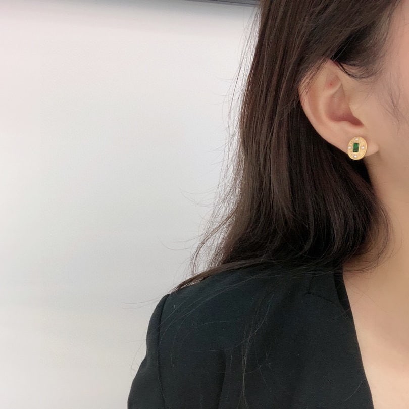 14K GOLD 0.55 CT VIVID GREEN NATURAL EMERALD & PEARL & DIAMOND EARRINGS - 5