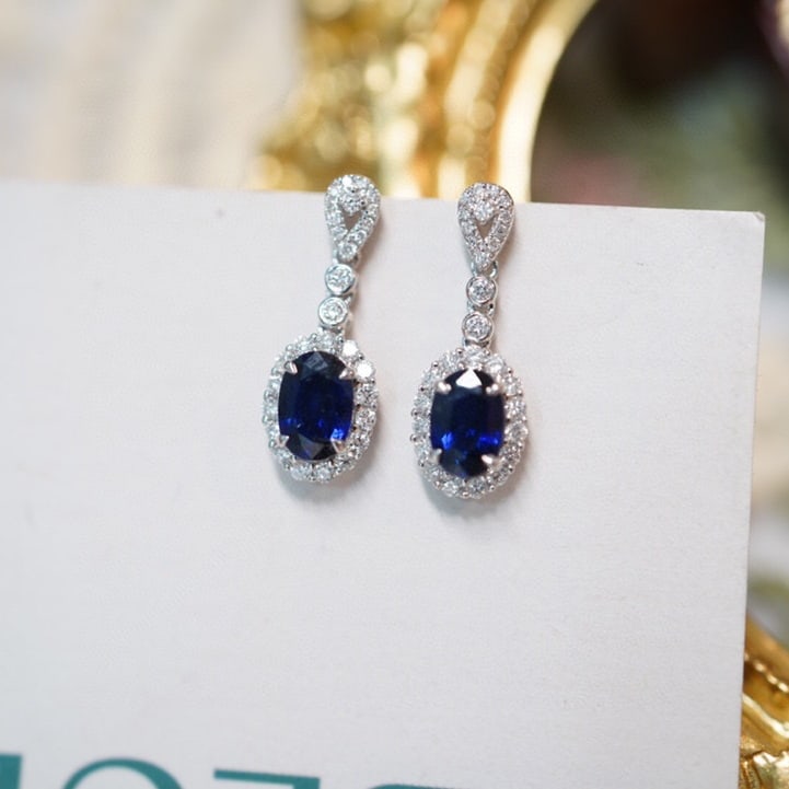 14K GOLD 1.25 CT NATURAL SAPPHIRE & DIAMOND EARRINGS - 2