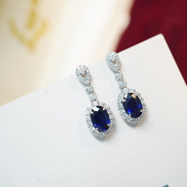 14K GOLD 1.25 CT NATURAL SAPPHIRE & DIAMOND EARRINGS - 6