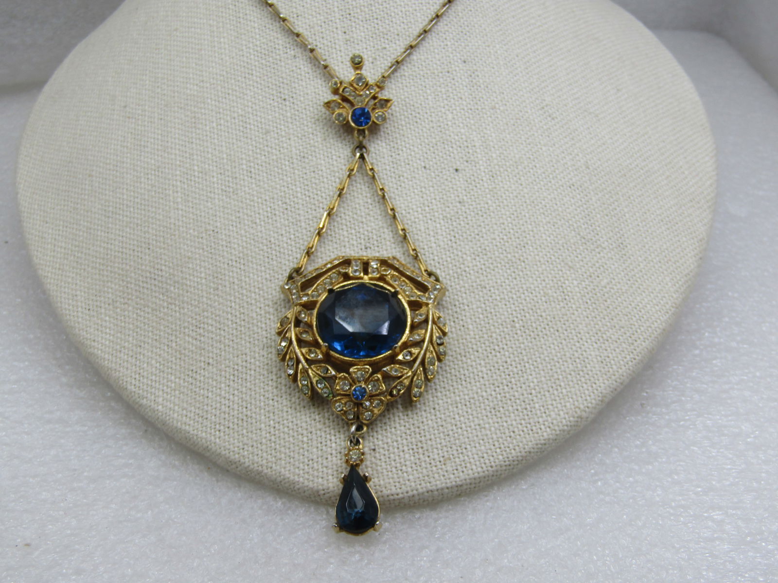 Vintage Clear & Blue Rhinestone Lavalier Necklace, Signed ART, 18" - 2