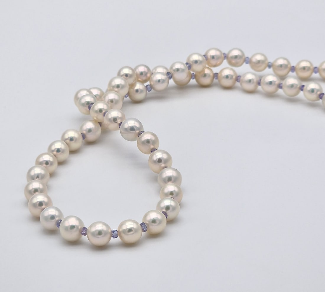 Akoya pearl necklace with tanzanite and 18kt yellow gold - 3