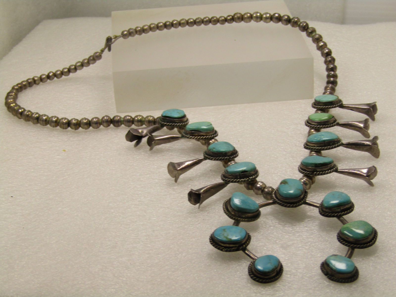 Vintage Southwestern Sterling Turquoise Squash Blossom Necklace, 23" Unisex, Later 1900's - 10