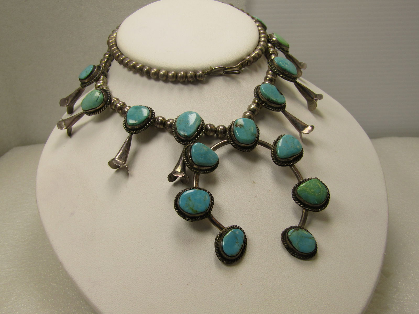 Vintage Southwestern Sterling Turquoise Squash Blossom Necklace, 23" Unisex, Later 1900's - 2