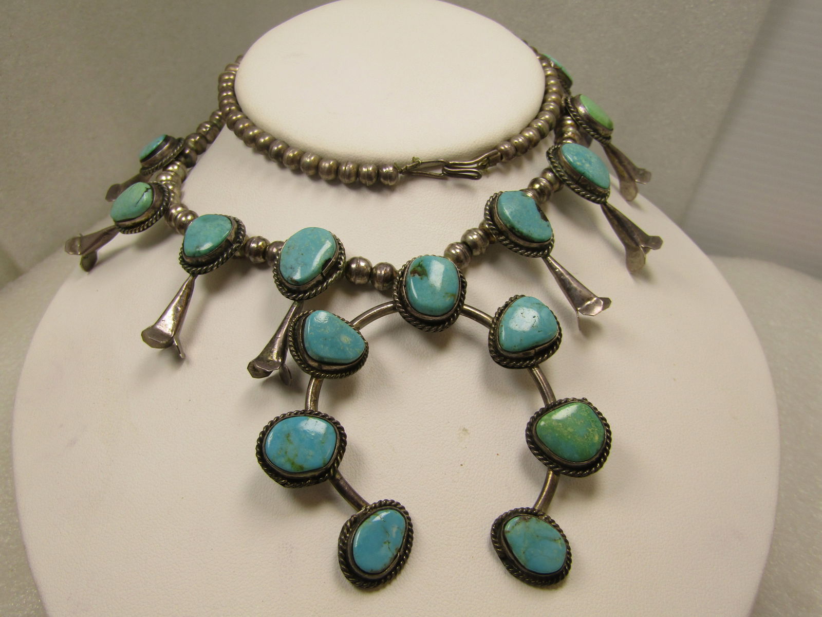 Vintage Southwestern Sterling Turquoise Squash Blossom Necklace, 23" Unisex, Later 1900's - 3