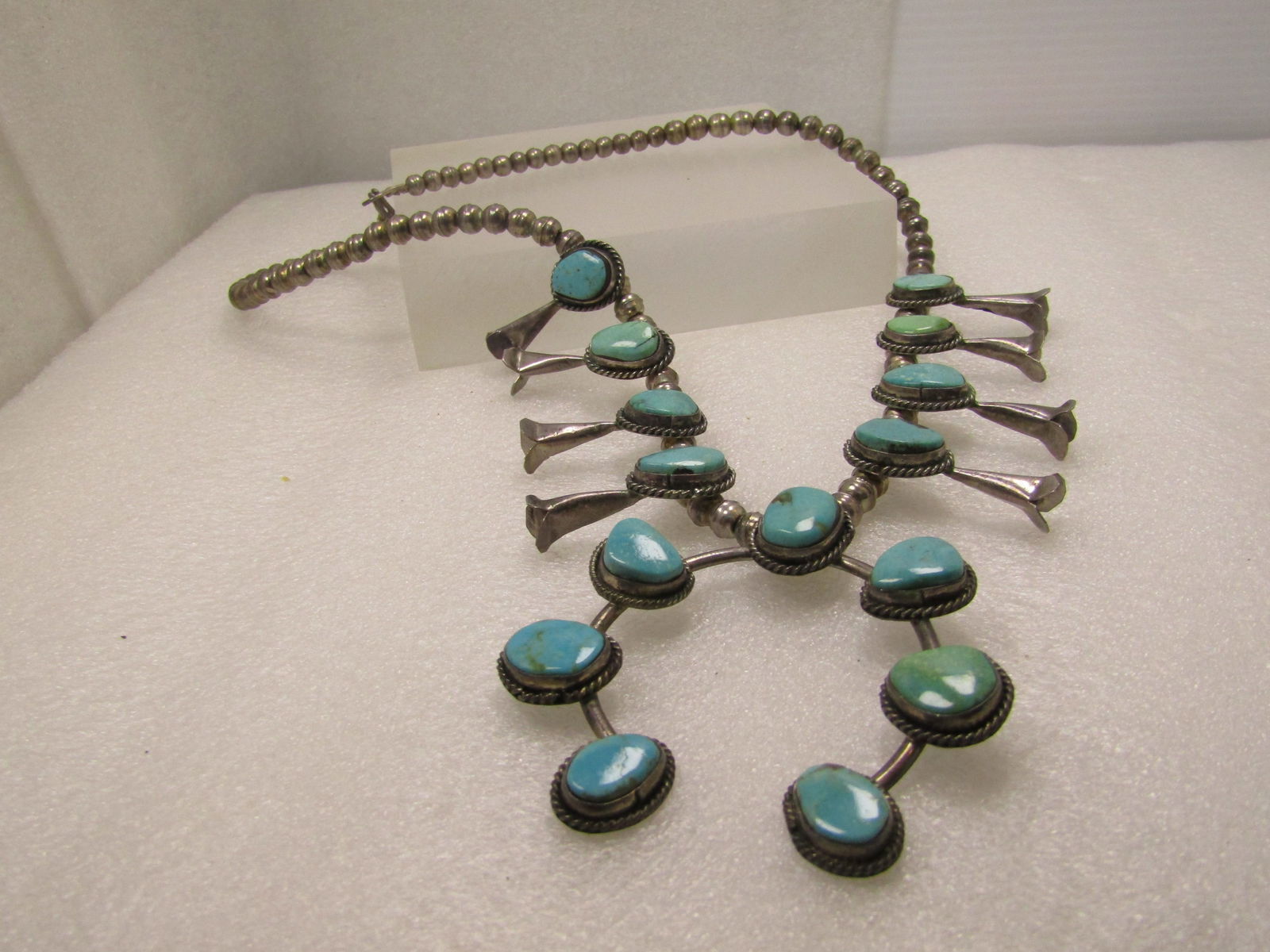 Vintage Southwestern Sterling Turquoise Squash Blossom Necklace, 23" Unisex, Later 1900's - 9