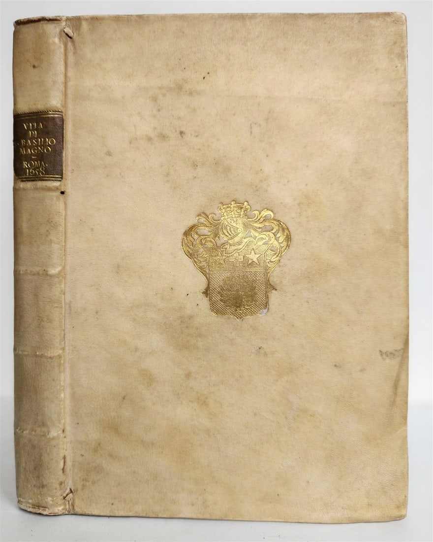 1658 LIFE of BASIL the GREAT antique VELLUM BINDING w/ COAT of ARMS provenance - 2