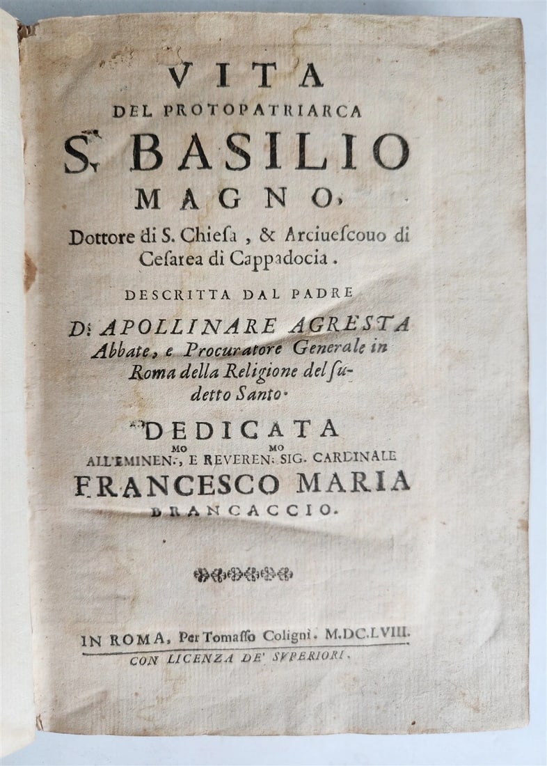 1658 LIFE of BASIL the GREAT antique VELLUM BINDING w/ COAT of ARMS provenance - 3