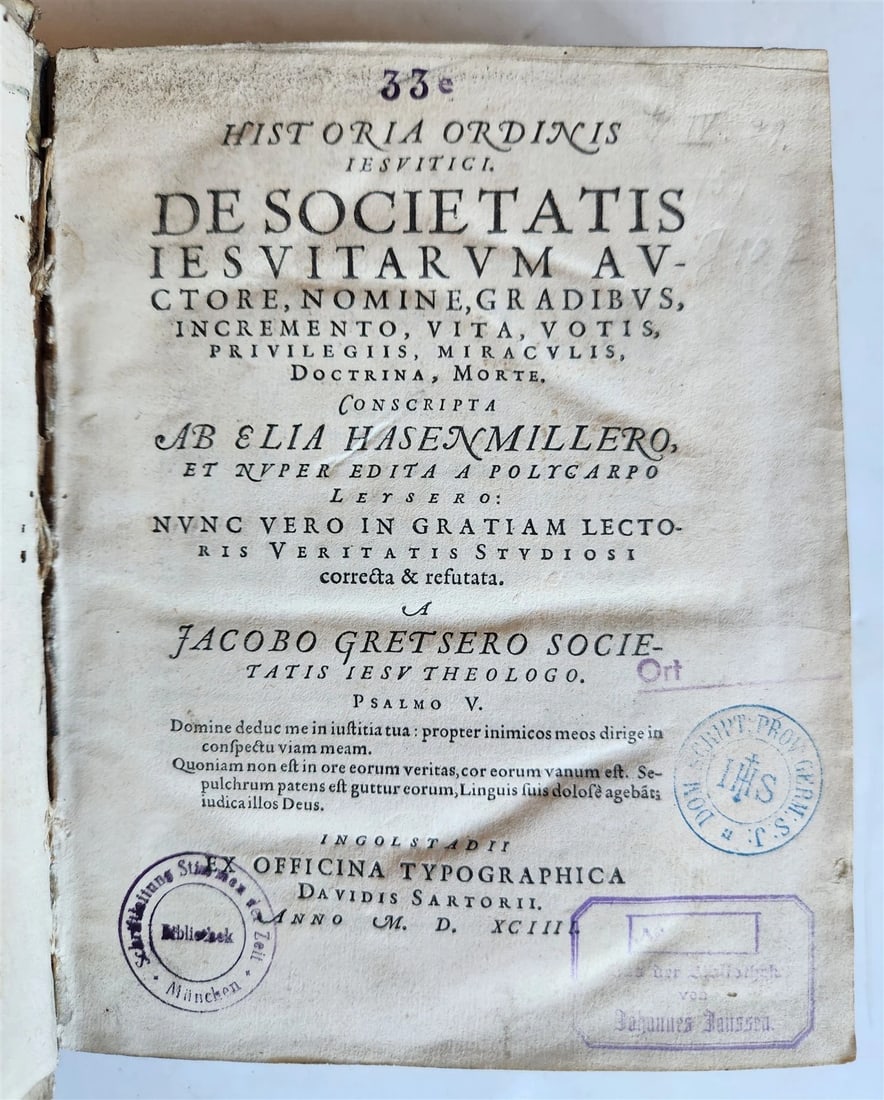 1594 HISTORY of JESUIT ORDER antique PIGSKIN BINDING 16th century RARE - 3