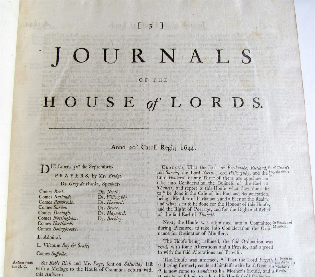 JOURNALS OF THE HOUSE OF LORDS 1644-1645 large folio antique in ENGLISH - 5