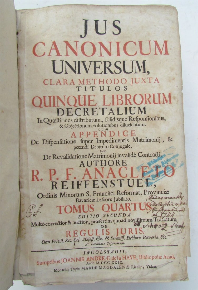 1729 VELLUM BOUND ANTIQUE FOLIO JUS CANONICUM UNIVERSUM by R.P.F. ANACLETO - 4