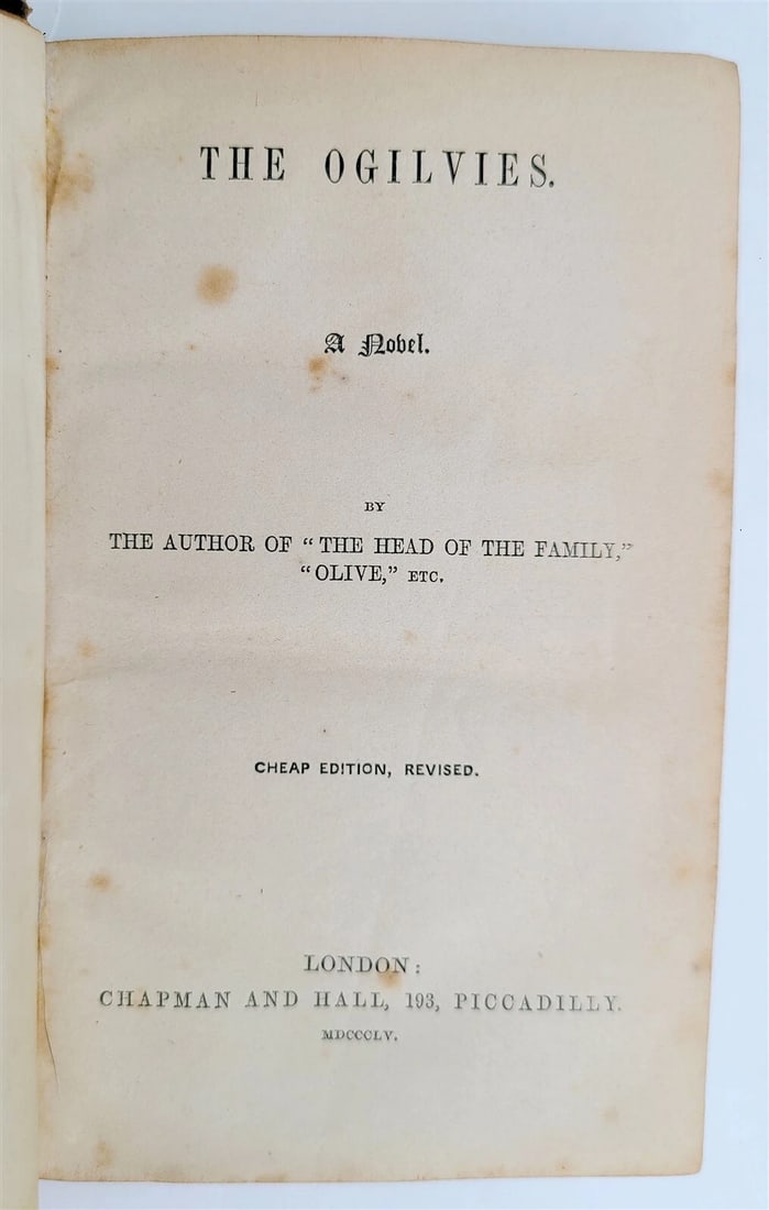 1855 THE OGILVIES by DINAH CRAIK antique AMERICANA: Title: 1855 THE OGILVIES by DINAH CRAIK antique AMERICANA Description: THE OGILVIES [by DINAH CRAIK] London; 1855 Original 3/4 morocco with marbled boards Size 4 1/2 by 7" 313 pp Very good interior