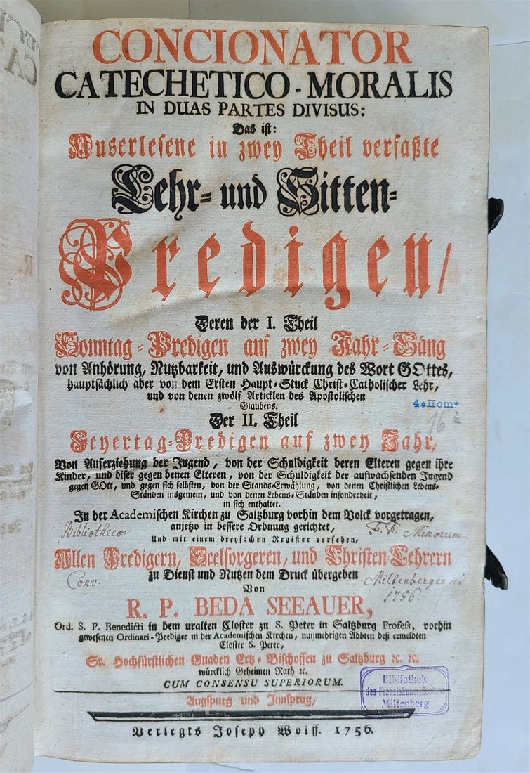 1753 - 1756 2 VOLUMES PIGSKIN BOUND FOLIOS w/ CLASPS antique SERMONS by SEEAUER - 7