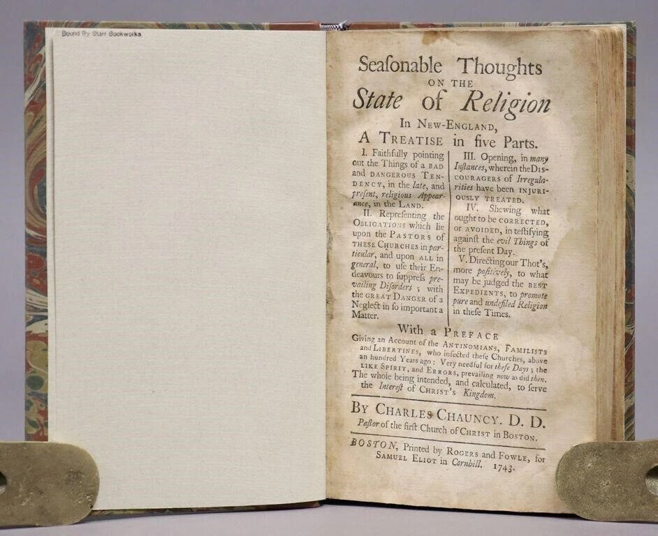 1743 SEASONABLE THOUGHTS ON STATE OF RELIGION IN NEW-ENGLAND antique AMERICANA: Title: 1743 SEASONABLE THOUGHTS ON STATE OF RELIGION IN NEW-ENGLAND antique AMERICANA Description: SEASONABLE THOUGHTS ON THE STATE OF RELIGION IN NEW-ENGLAND. Boston: Roger and Fowle, 1743 Size 5 by