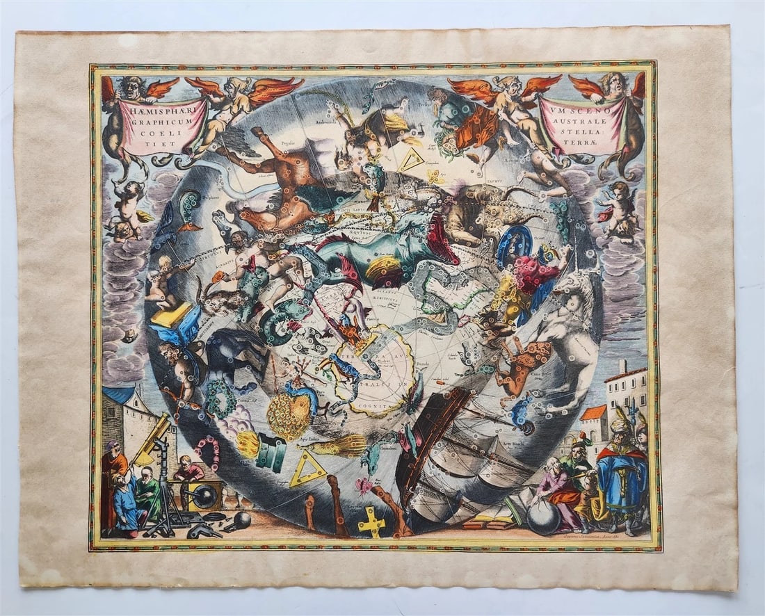 VINTAGE CELESTIAL MAP by CELLARIUS w/ ZODIAC SIGNS of SOUTHERN HEMISPHERE - 2