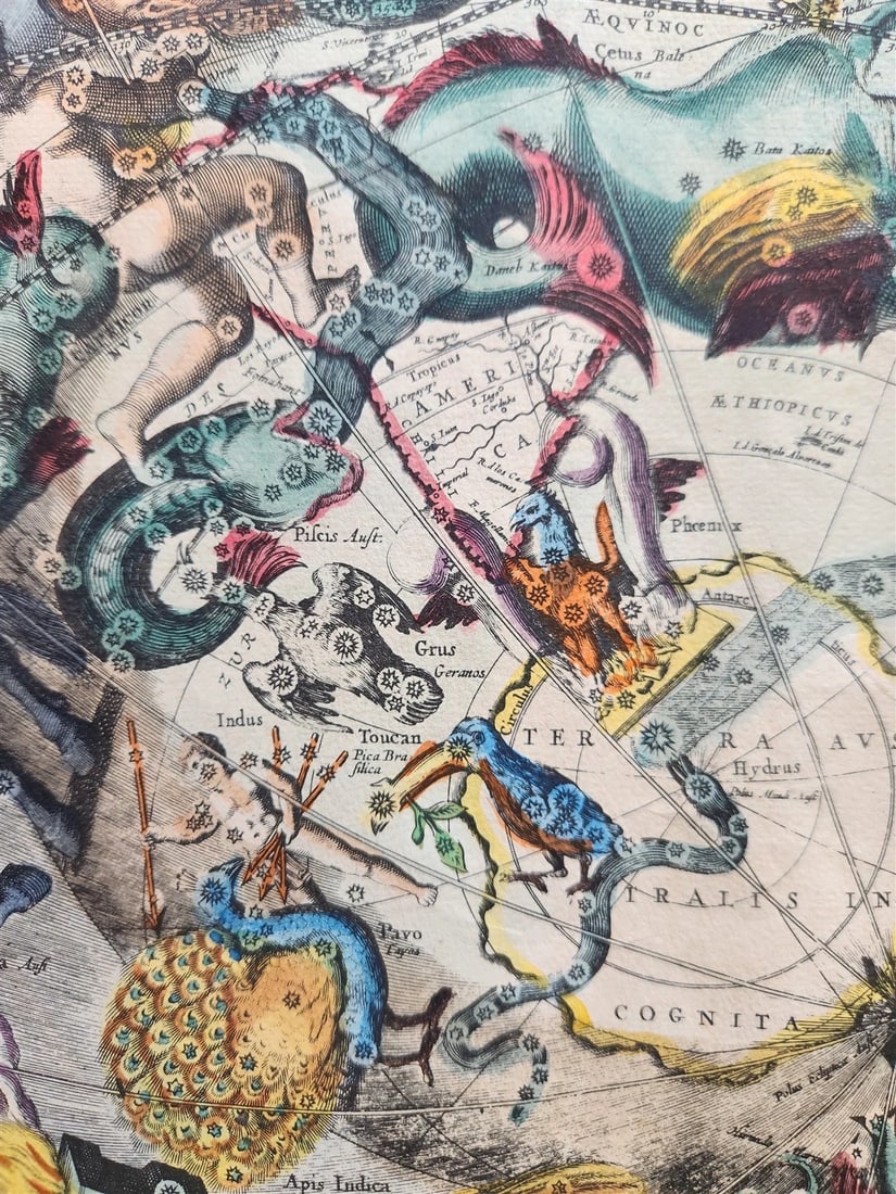 VINTAGE CELESTIAL MAP by CELLARIUS w/ ZODIAC SIGNS of SOUTHERN HEMISPHERE - 7