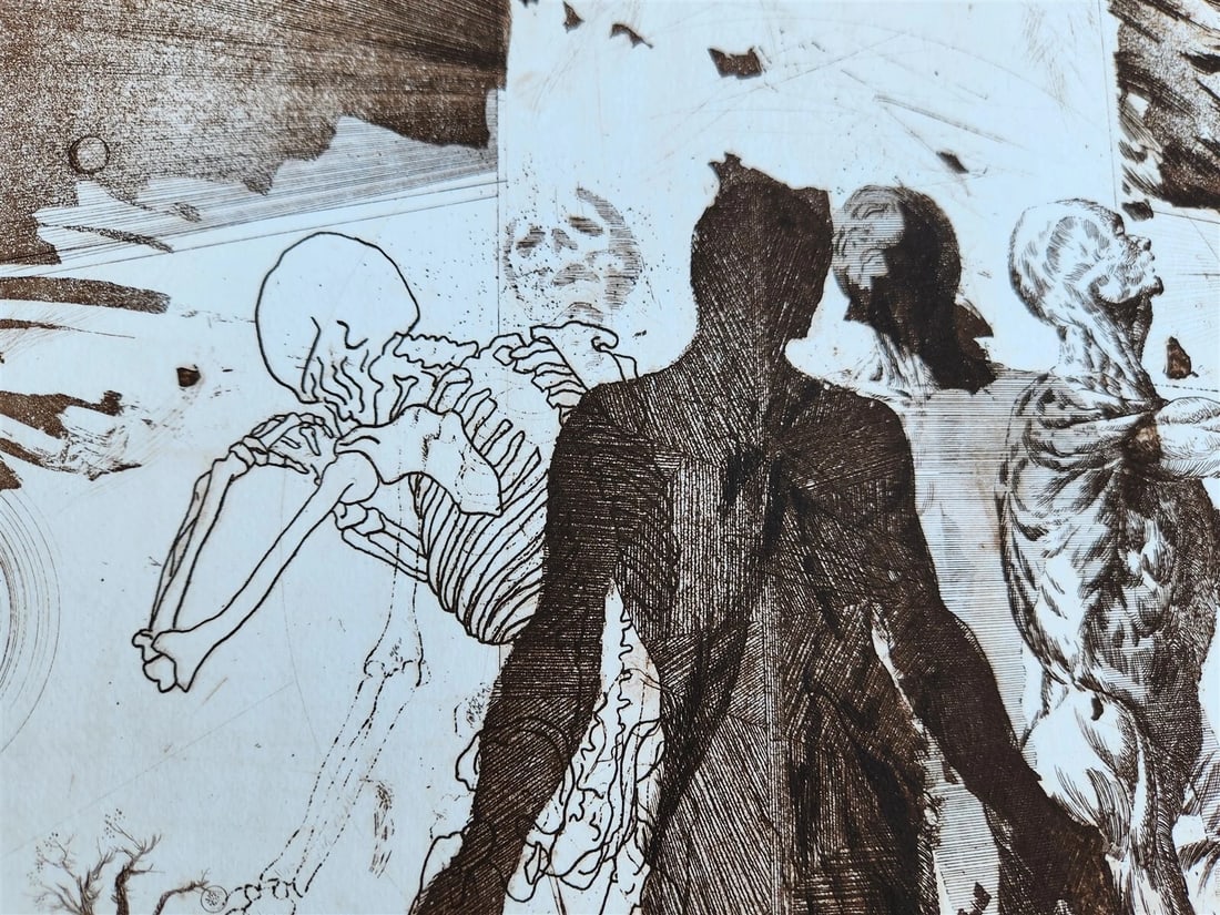 THE CREATION OF THE HUMAN RACE surrreal PRINT vintage w/ SKELETON: Title: THE CREATION OF THE HUMAN RACE surrreal PRINT vintage w/ SKELETON Description: Size (overall) 20 by 25 3/4" Excellent condition =================================== Powered by SixBit's eCommerce