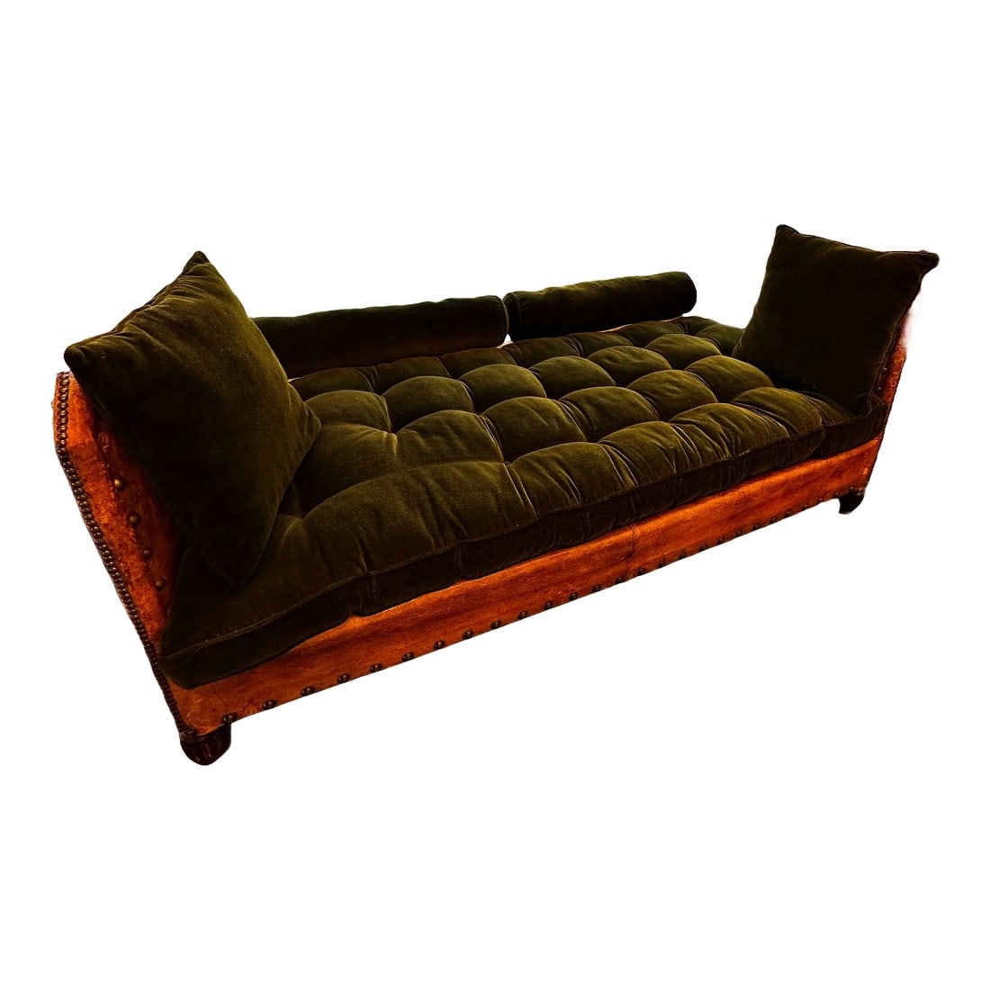 20th Century Italian Daybed: Italian daybed in original leather with warm green velvet upholstery, large nailheads and carved details. Perfect depth for lounging and would make a beautiful accent to a library or cozy alcove. Cond