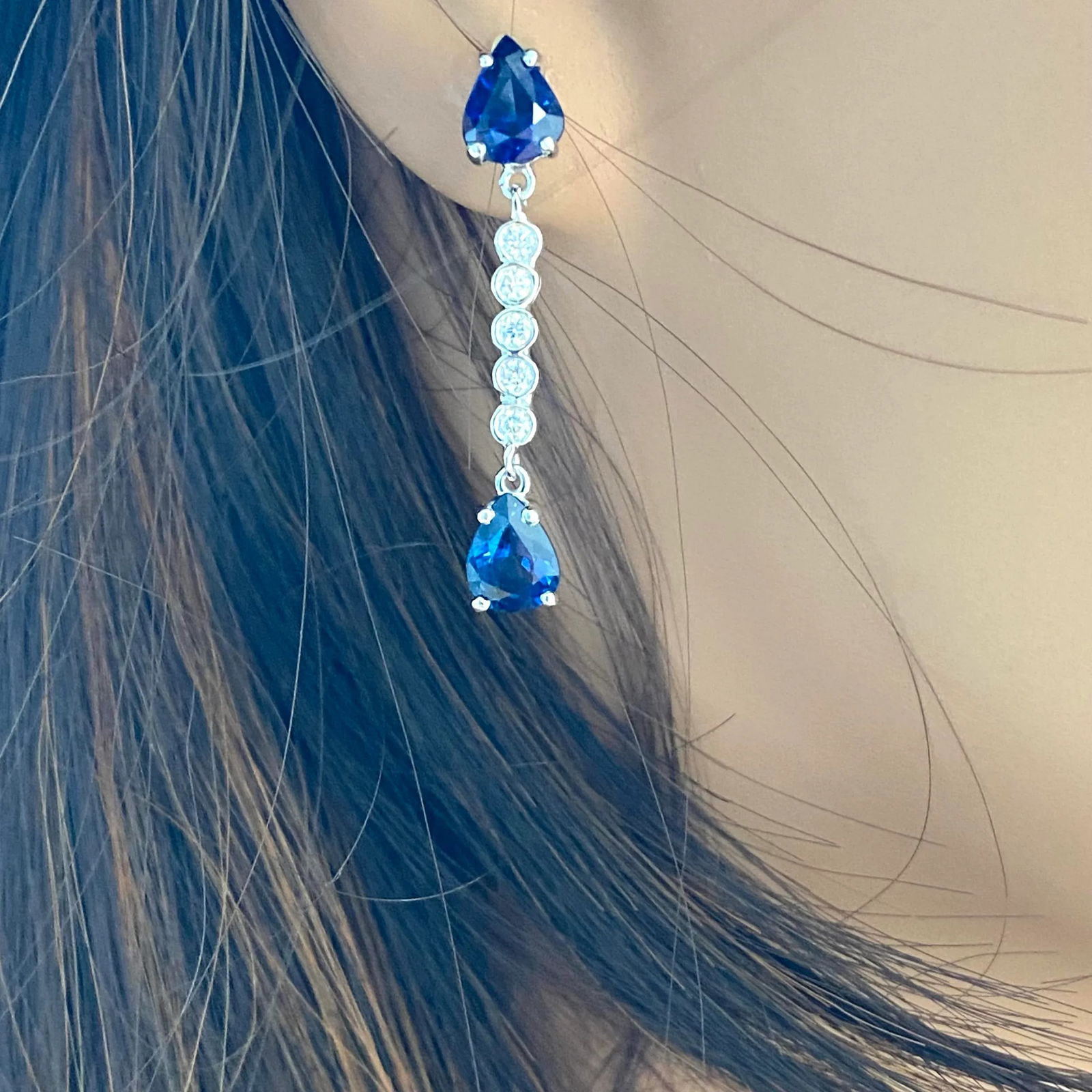 Four Pear Sapphires Diamond 3.55 Carat 1.25 Inch Long Dangle 14 Karat White Gold Earrings - 2 Pieces - 2