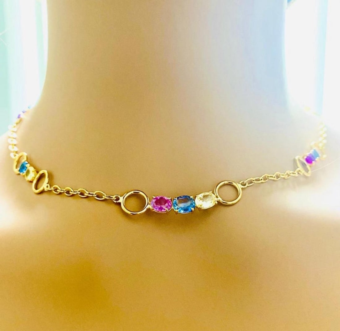 Multi Color Ceylon Sapphire 9.20 Carats Sautoir 18 Karat 18.5 Inch Gold Necklace - 3