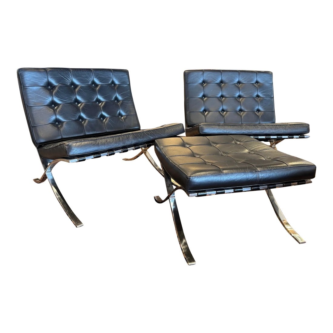 Mid 20th Century Ludwig Mies Van Der Rohe and Lilly Reich Barcelona Collection, 2 Chairs & 1 Ottoman: *Rare- Vintage* Ludwig Mies Van Der Rohe and Lilly Reich 1950s-1960s Barcelona Chair by Knoll Marked "KP" on Chair for Knoll Production ottoman measurements: 15"h x 22"l x 24"w Condition: