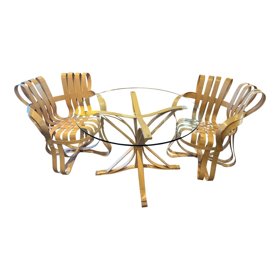 Frank Gehry Cross Check Chairs and Face Off Table Set of 3: 2 Frank Gehry Cross Check Chairs by Knoll Circa 1990 Featuring hard white maple veneer strips Gehry and Knoll Stamps on the underside Frank Gehry "Face Off" table with glass top by Knoll white