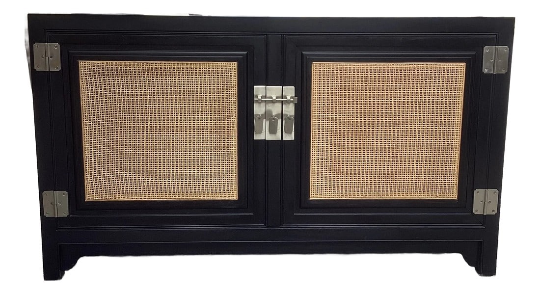 Michael Taylor Far East Collection for Baker Ebonized Sideboard Entertainment Center: From the genius that is Michael Taylor, this gorgeous piece is well crafted with heavy solid wood, stunning cane doors, neat nickel hardware with faux pin closures, 2 pull out drawers, and ample shelv