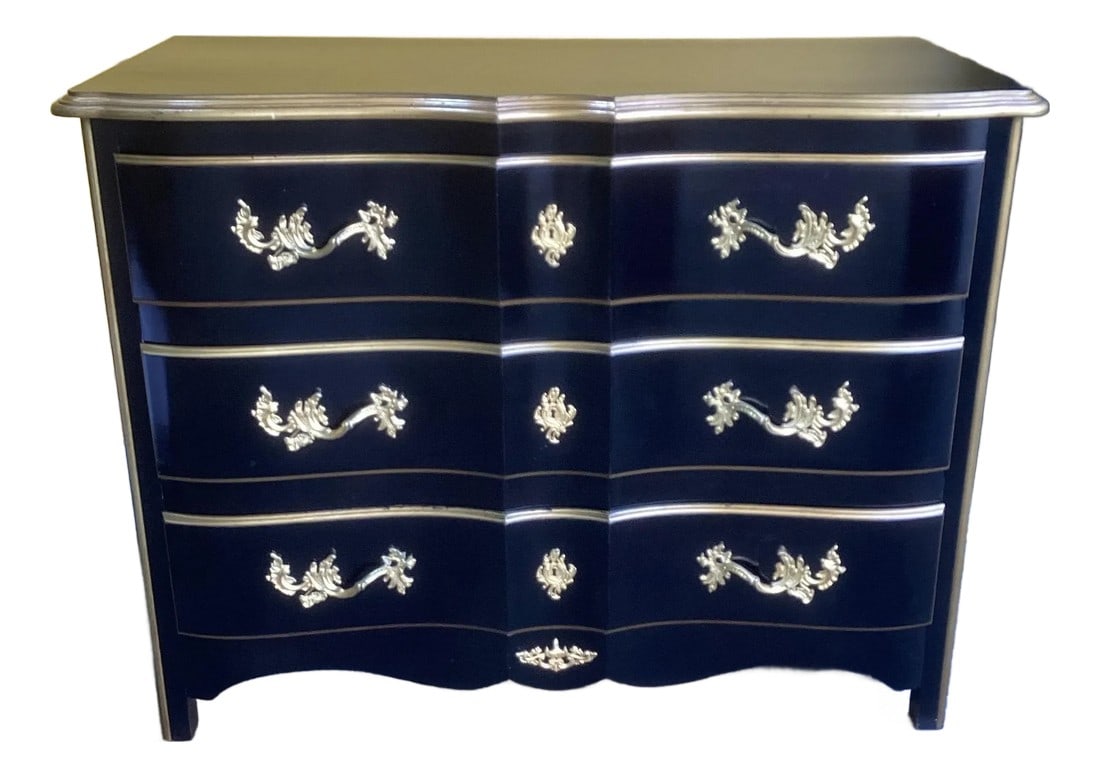 Restored Vintage Ralph Lauren "Bel Aire" Chest of Drawers: Ralph Lauren designer "Bel Aire" dresser featuring three drawers, an ebonized exterior, and gilt foliage drawer pulls. Ralph Lauren plaque inside drawer. Very heavy and well crafted statement piece. 