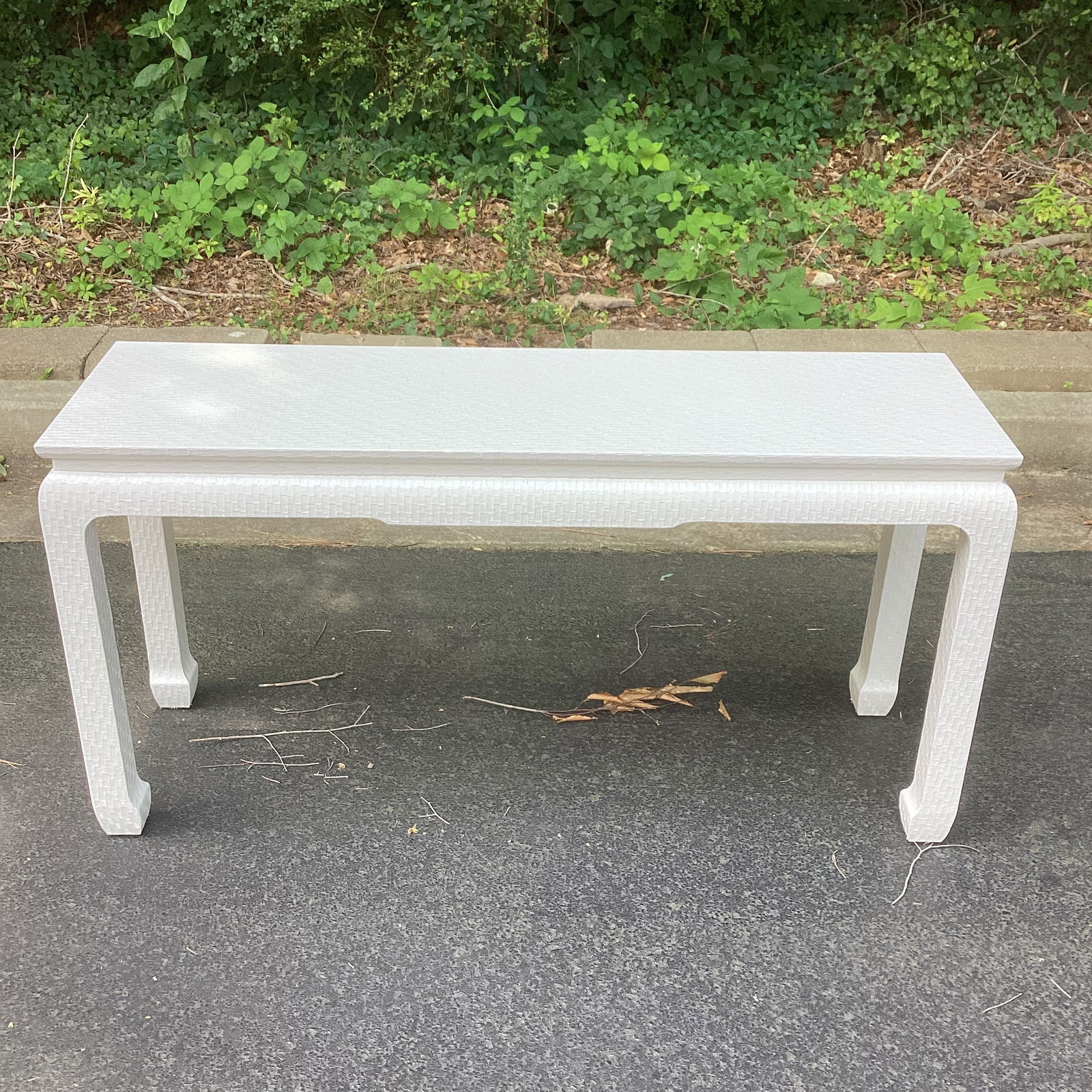 1970s Restored Baker Furniture Company Raffia Wrapped Console in Pearl White - 5