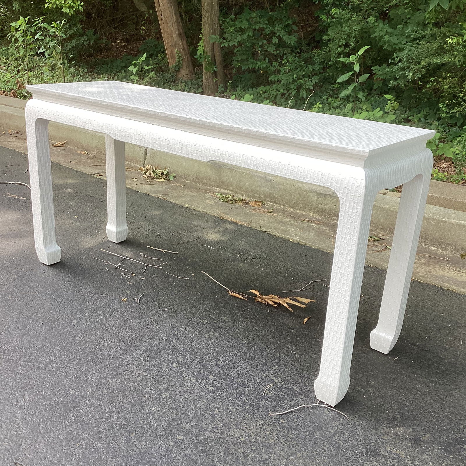 1970s Restored Baker Furniture Company Raffia Wrapped Console in Pearl White - 7