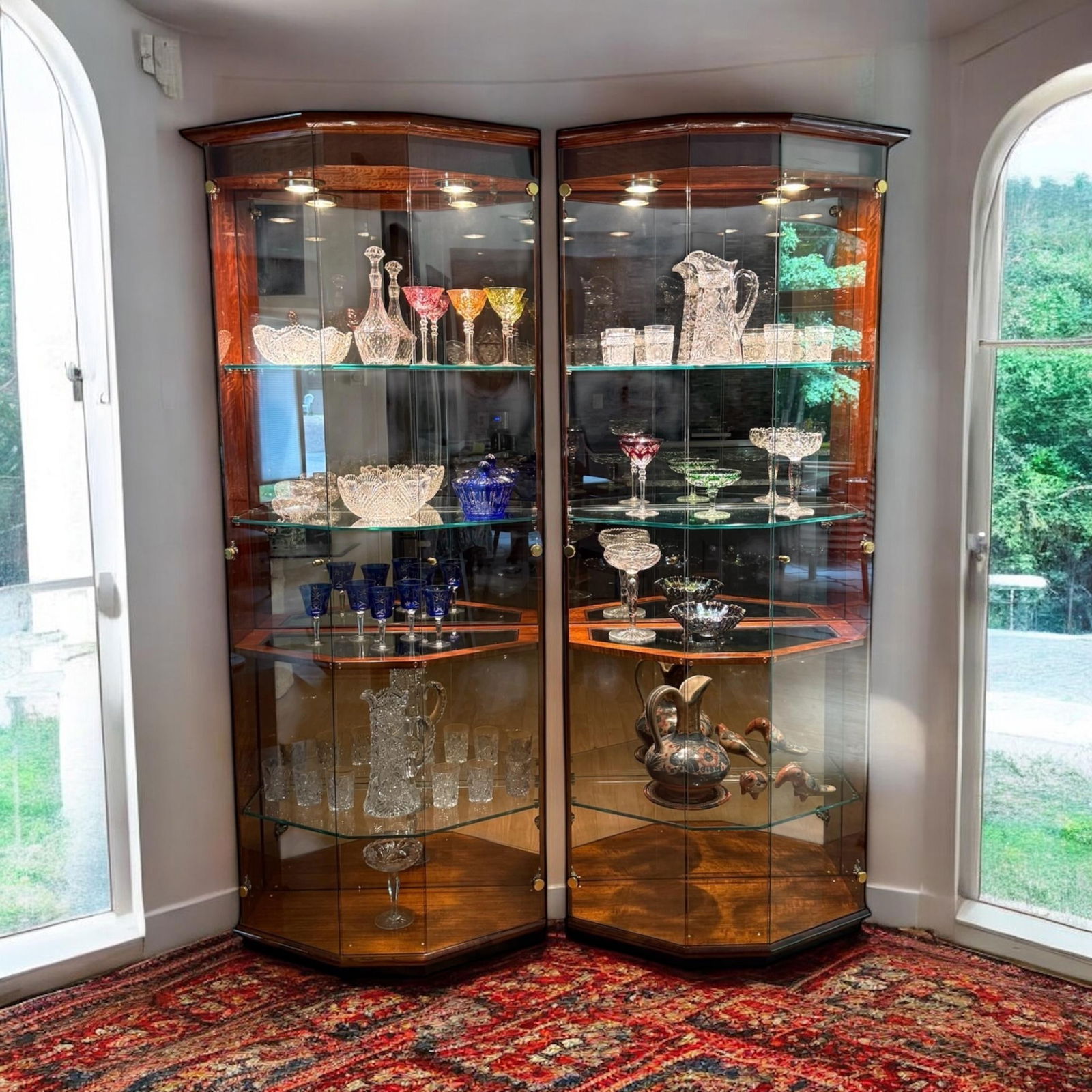 Henredon Cherry Wood Vitrine Illuminated Display Cabinets Book Matched Pair - 12