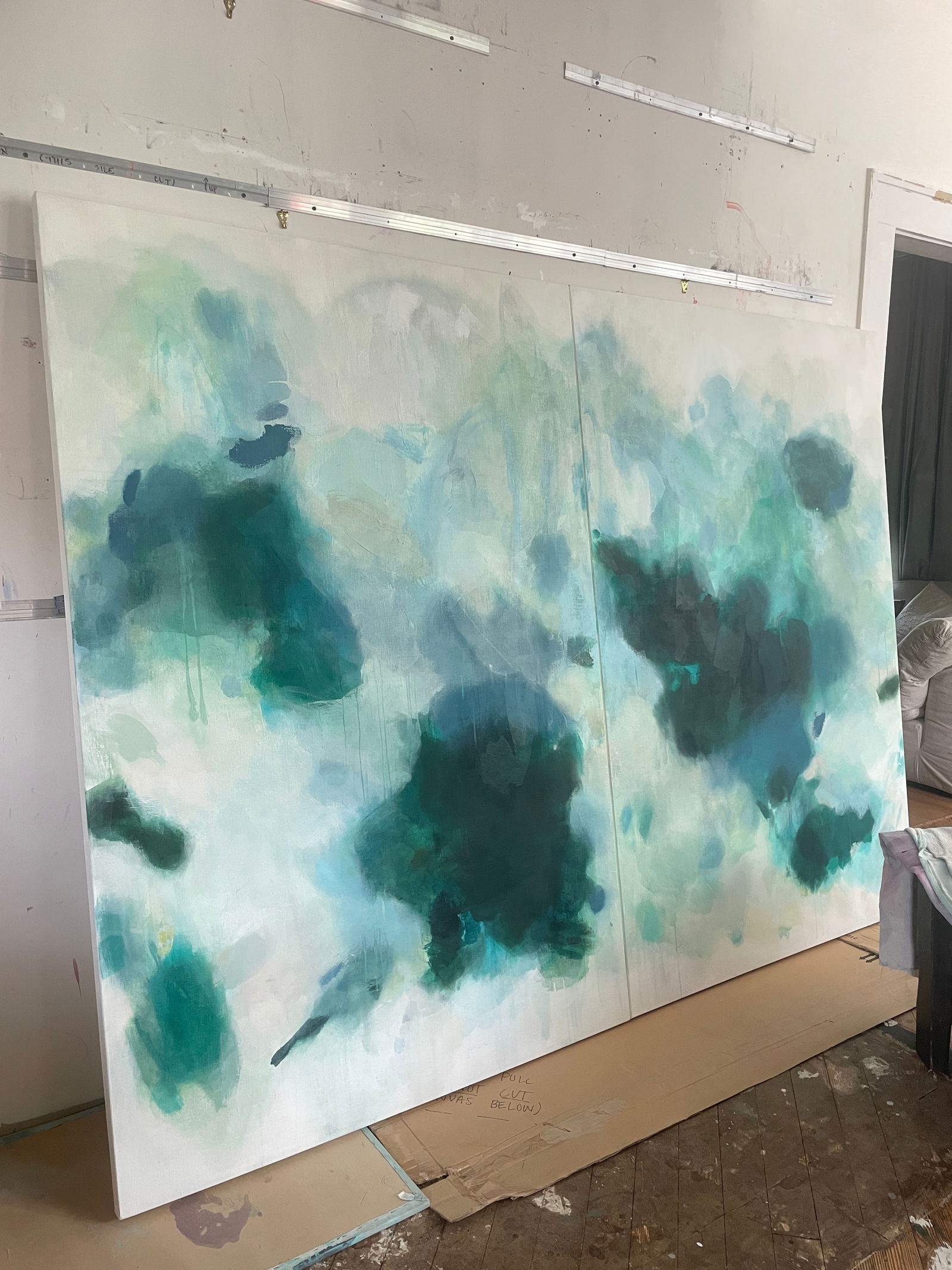 But Still, You Large Lyrical Abstraction Diptych Painting in Ethereal Greens and Blues by Stac - 16
