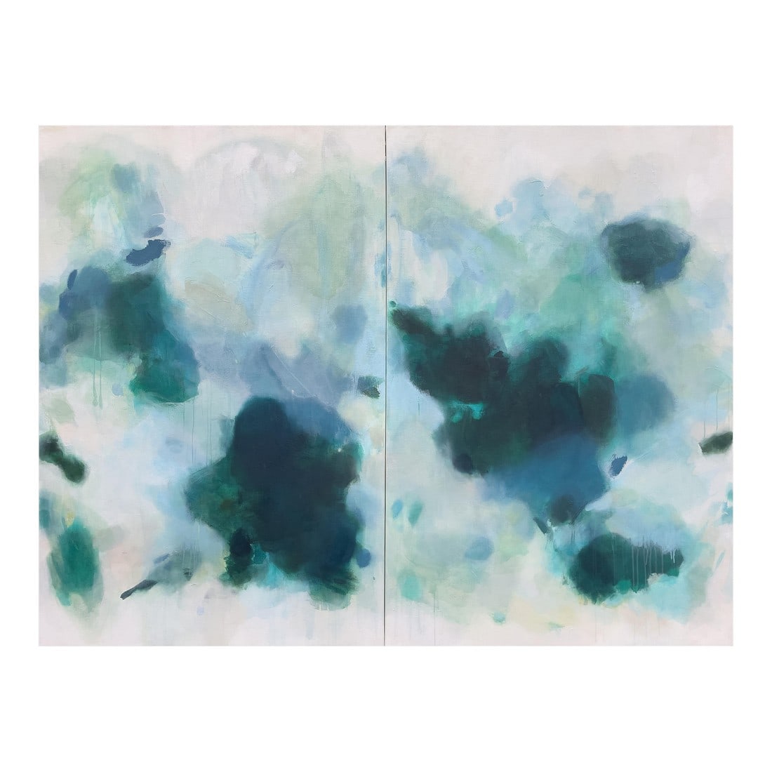 But Still, You Large Lyrical Abstraction Diptych Painting in Ethereal Greens and Blues by Stac: A commanding presence in any curated interior, But Still, You is a monumental diptych by American painter Stacey Warnix â€” a standout example of her lyrical abstraction practice