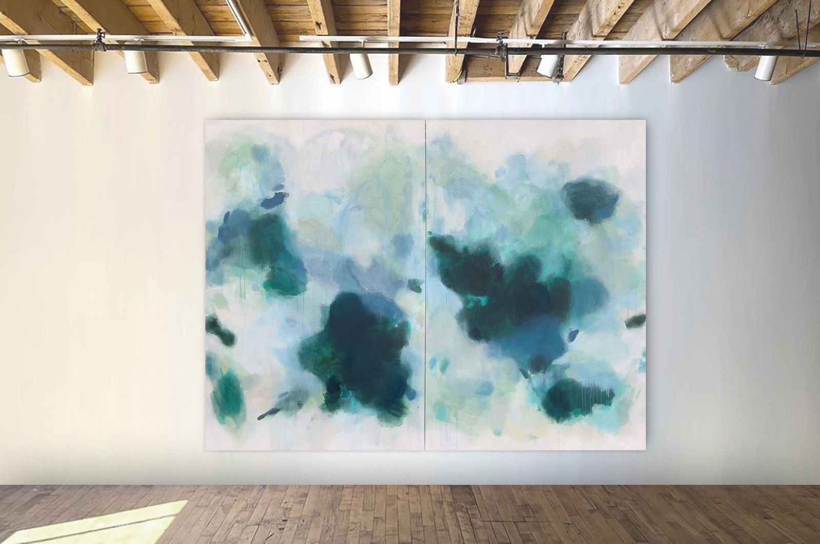 But Still, You Large Lyrical Abstraction Diptych Painting in Ethereal Greens and Blues by Stac - 2