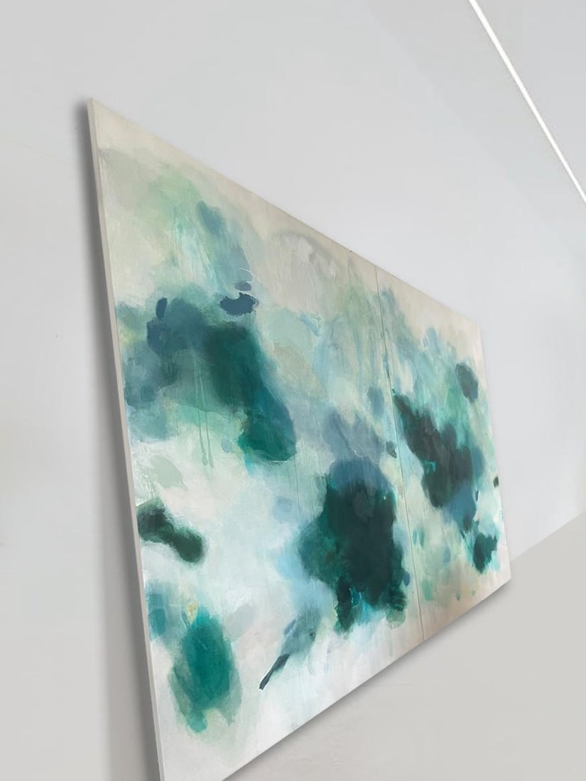 But Still, You Large Lyrical Abstraction Diptych Painting in Ethereal Greens and Blues by Stac - 4