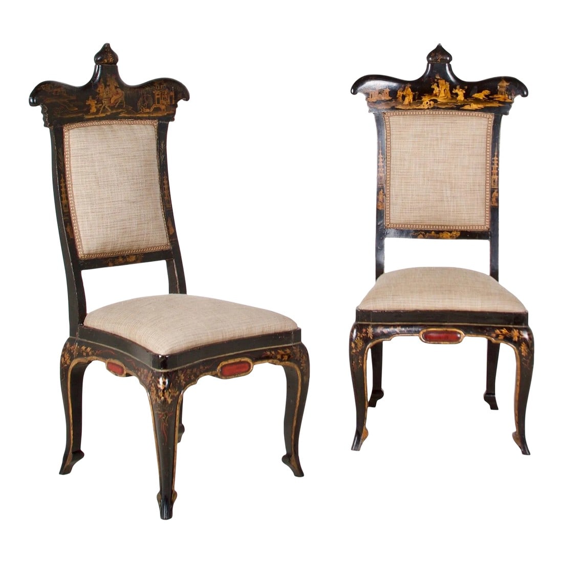 Early 19th Century Regency Chinoiserie Decorated Side Chairs - a Pair: This pair of chairs is exquisitely styled, the chinoisery is fine and European in style. The chairs are raised on "ballet style feet" and seem to want to dance. The Chinoiserie decorations are
