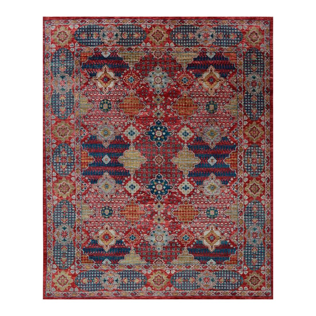 Handwoven Mamlouk Style Area Rug 12'4"³ X 15'1"³: ACTUAL SIZE: 12â€™4â€³ x 15â€™1â€³ PRIMARY COLOR: Red / Blue AGE: New ORIGIN: India MATERIALS: Wool FOUNDATION: Cotton