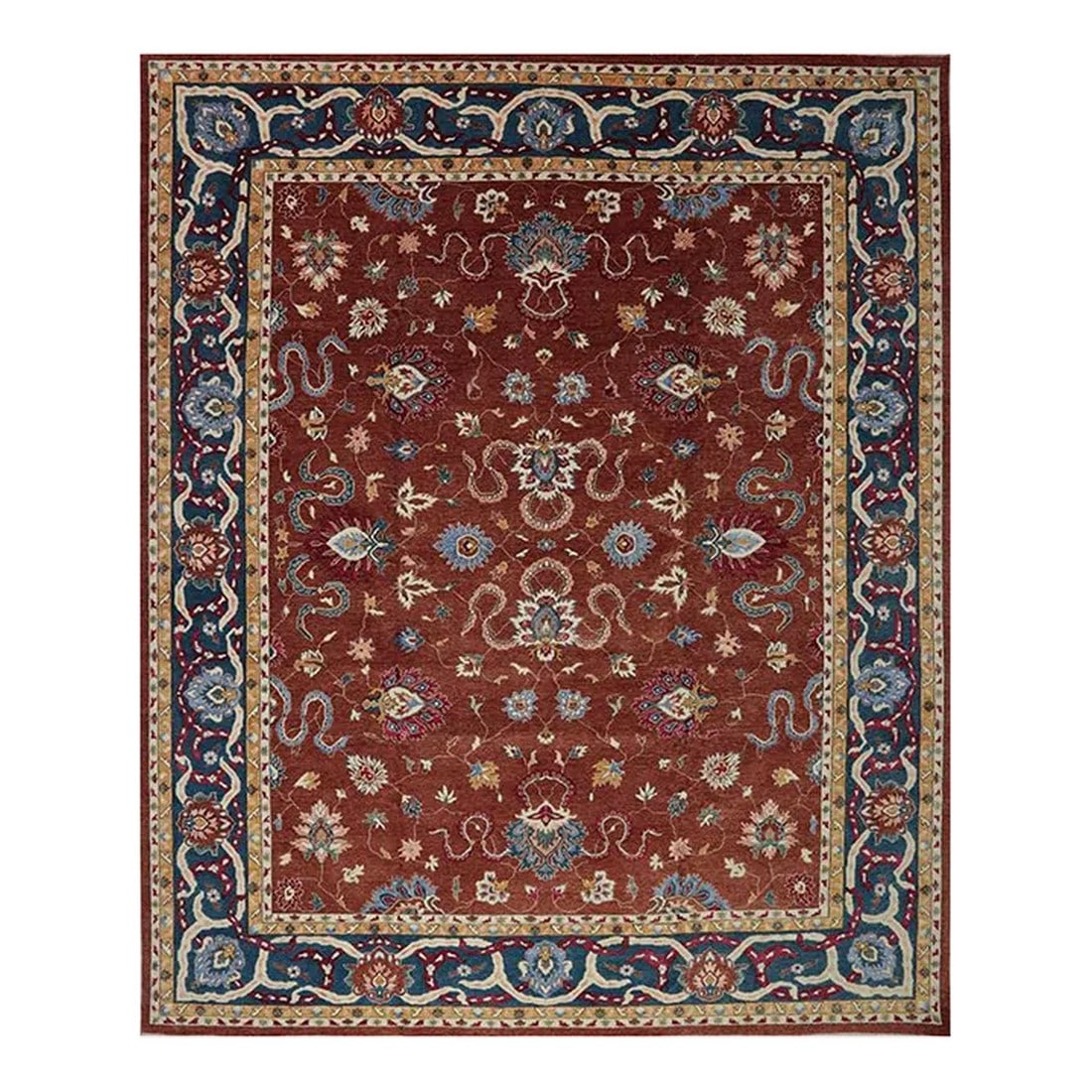 Handwoven Heriz Style Area Rug 11'10" X 14'5"³: ACTUAL SIZE: 11â€™10â€ x 14â€™5â€³ PRIMARY COLOR: Red / Blue AGE: New ORIGIN: Pakistan MATERIALS: Wool FOUNDATION: Cotton