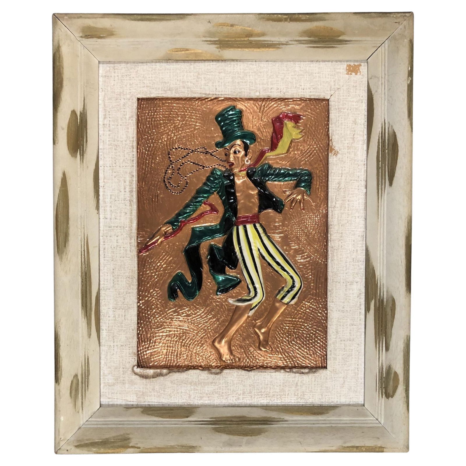 Mid Century Ringmaster Copper Wall Sculpture in Wooden Frame: Title: Mid Century Ringmaster Copper Wall Sculpture in Wooden Frame Description: Copper Embossed Dancing Man wall sculpture, in original white painted wood frame. The wall art shows a ring master