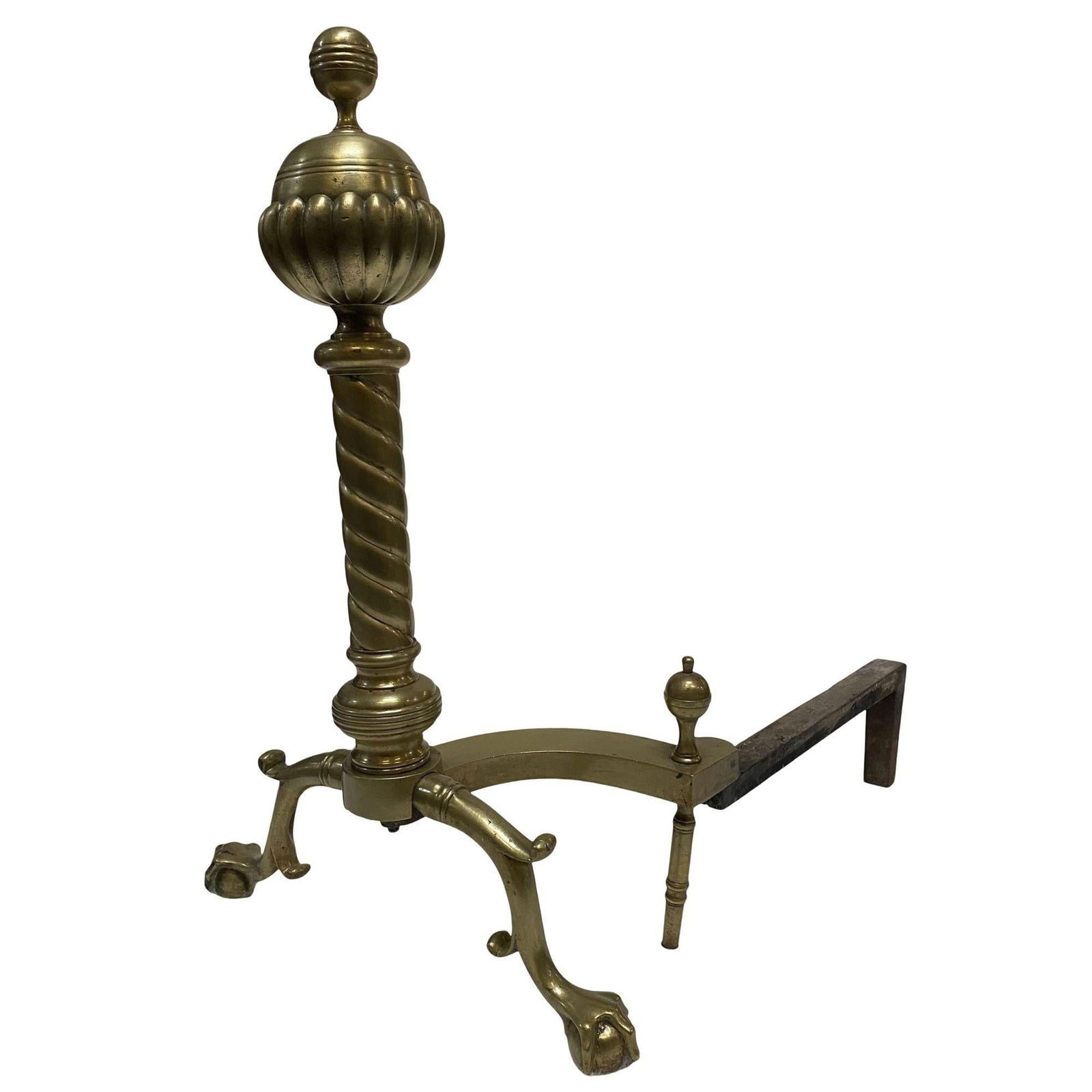 Pair of Brass Belted Ball-top and Spiral Turned Clawfoot Andirons - 3