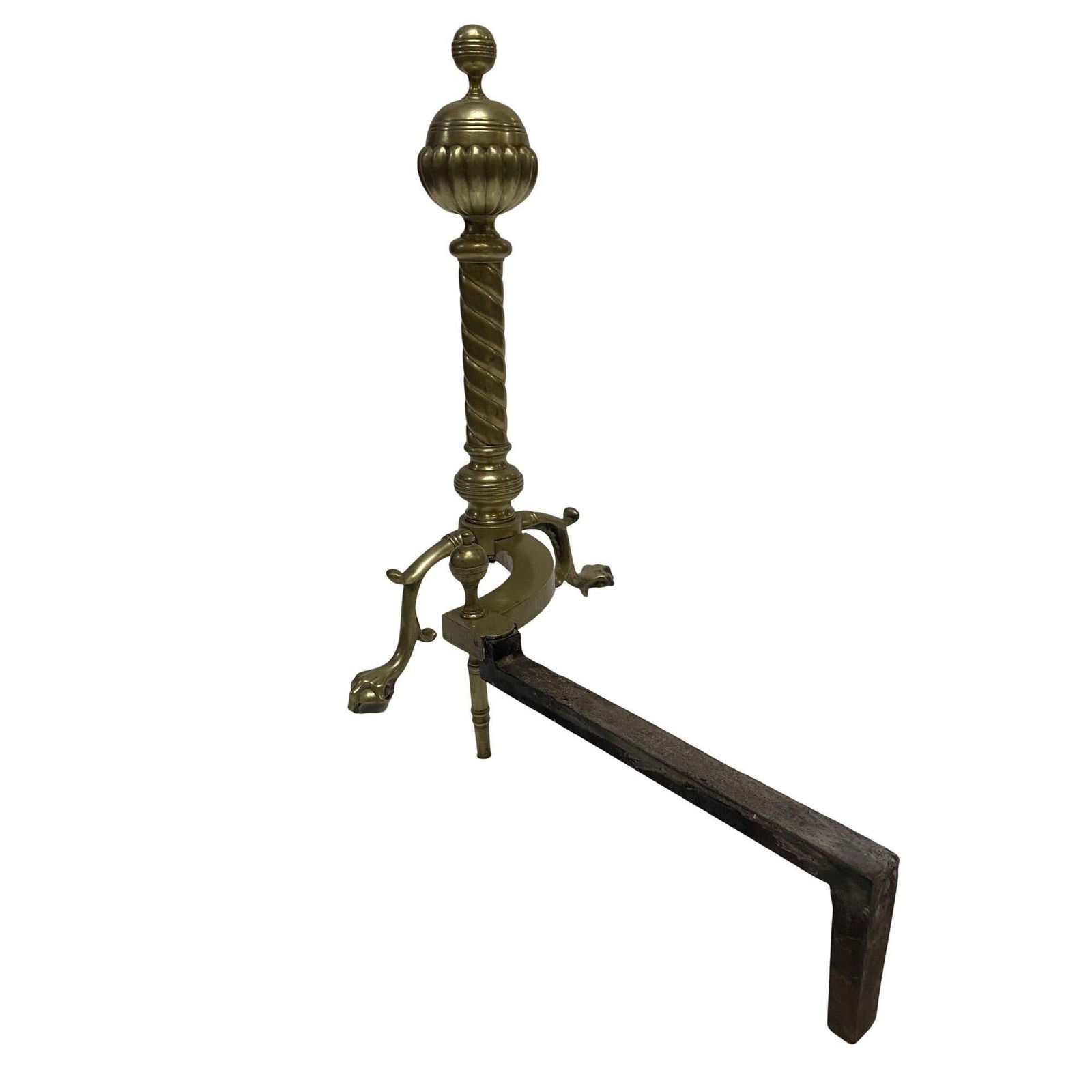 Pair of Brass Belted Ball-top and Spiral Turned Clawfoot Andirons - 5