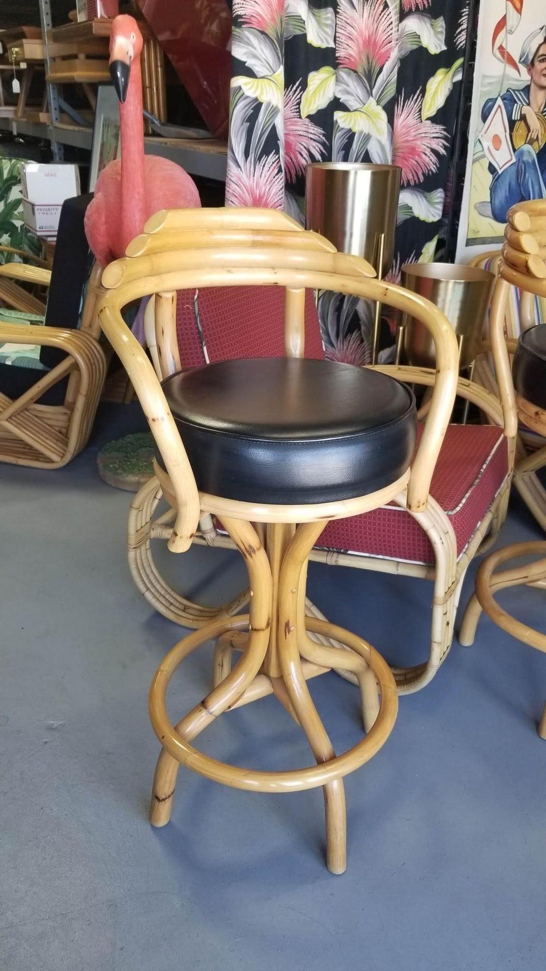 Restored Rattan Single Strand Set of Three Bar Stools - 8